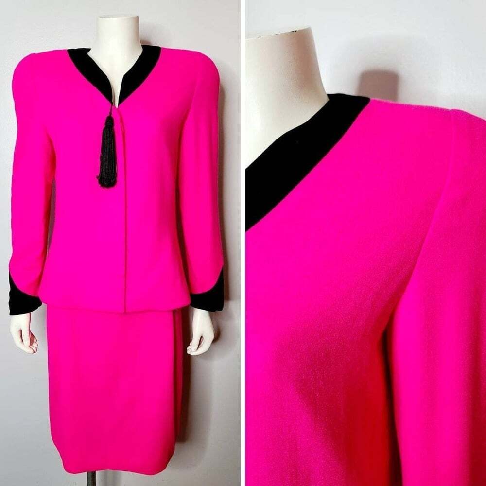 Vintage 1980s Caroline Herrera Skirt Suit, Hot Pink, Black Velvet, Designer